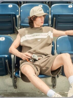 Siegelman Stable Men's Taupe Sleeveless Crew Sweatshirt with White Stripe